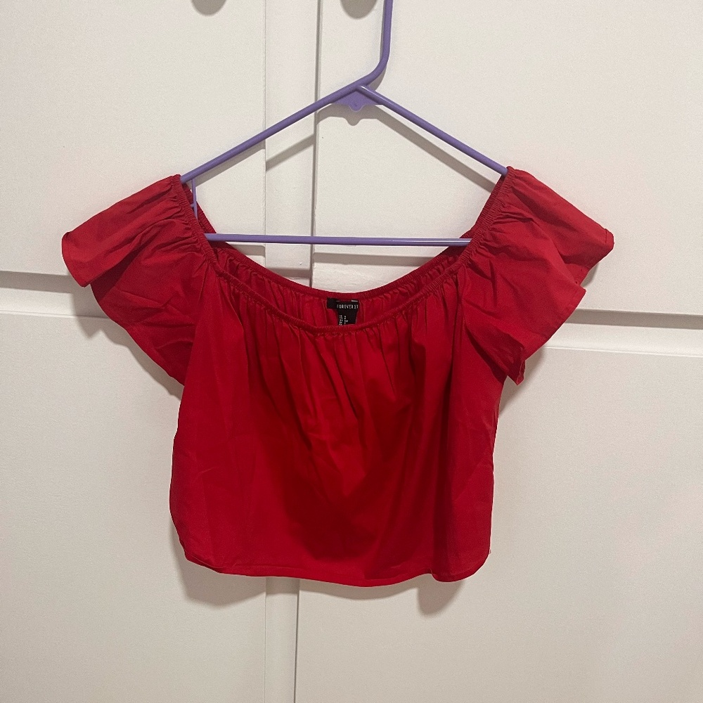 Forever 21 Red Off the Shoulder Crop Top - Size Small